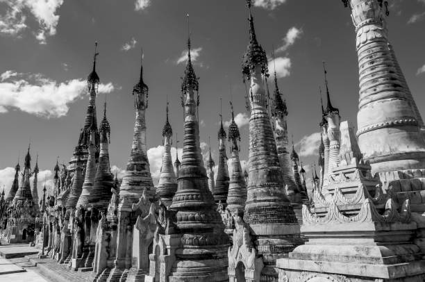 Cake pagodas Kakku, Taunggyi, Myanmar - nov 11, 2O12 : view of the extraordinary Kakku temple complex. 2478 stupas neatly arranged on the hill, not far from the Inle lake black and white travel travel destinations monk stock pictures, royalty-free photos & images