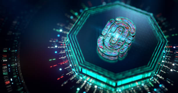 istock Biometric safety concept: fingerprint authentication. Modern futuristic technology background with fingerprint icon holographic code. CGI 3D render. 1588365123