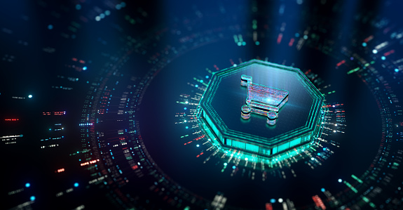 Online shopping futuristic background. Shopping cart icon holographic code. CGI 3D render