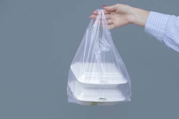 istock Woman's hands holding PVC plastic bag with takeaway foam lunch boxes. Single use food containers, donation concept. 1588374317