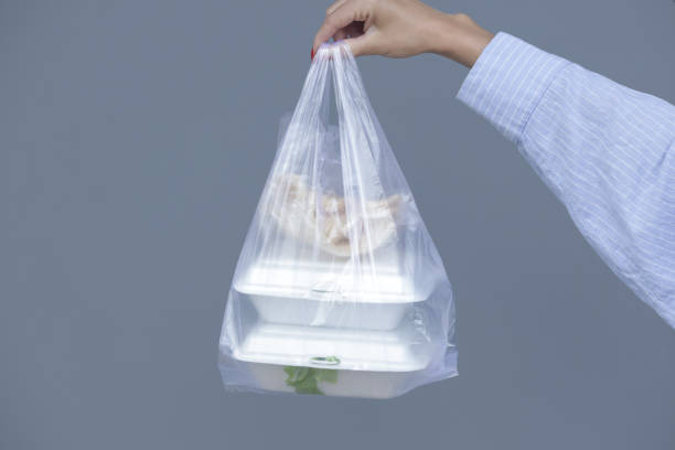 istock Woman's hands holding PVC plastic bag with takeaway foam lunch boxes. Single use food containers, donation concept. 1588375889
