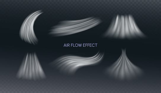 Air Flow Effect. White Wind Stream Waves Isolated on Dark Background. Fresh Breeze Waves From Conditioner Illustrations.