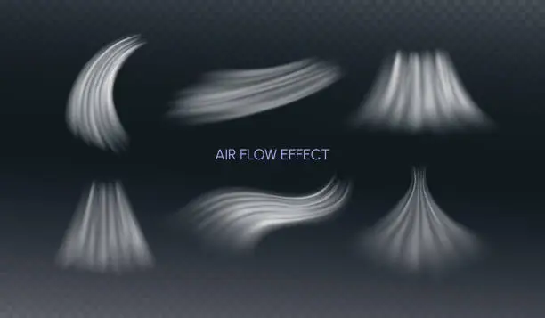 Vector illustration of Air Flow Effect. White Wind Stream Waves Isolated on Dark Background. Fresh Breeze Waves From Conditioner Illustrations