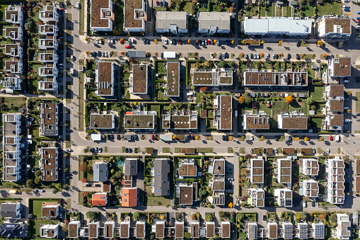 Modern residential neighborhood from directly above.