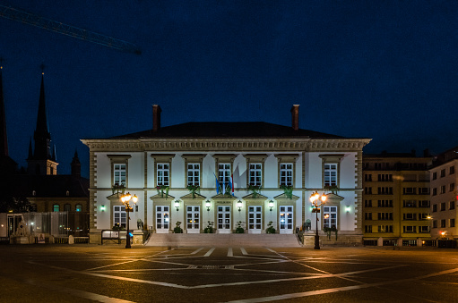 Night view of the city hall of Luxembourg City, Grand Duchy of Luxembourg