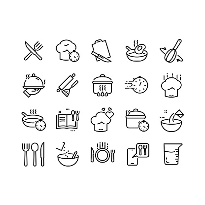 Cooking line icons. Boiling time, Frying pan and Kitchen utensils. Fork, spoon and knife line icons. Recipe book, chef hat , cooking app, timer and more