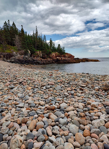 Little Hunter's Beach in Acadia National Park near Bar Harbor, Maine.  Colorful round stones cover this beach on the beautiful Maine coast.