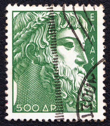 GREECE - CIRCA 1954: A stamp printed in Greece shows god Zeus statue which was found at Artemisio cape, Euboea.