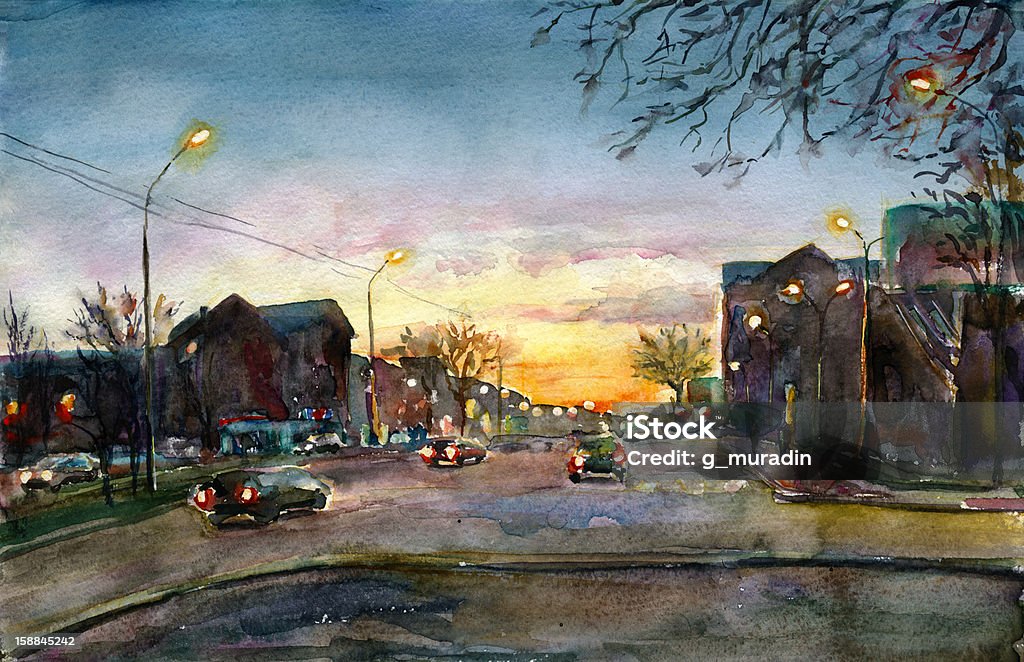 Pôr-do-sol na cidade - Ilustração de Ajardinado royalty-free