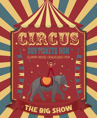 Vintage circus poster featuring an elephant trainer and a performing elephant,circus tend, with grunge texture.circus/carnival/fairground birthday invitation card template design vector/illustration