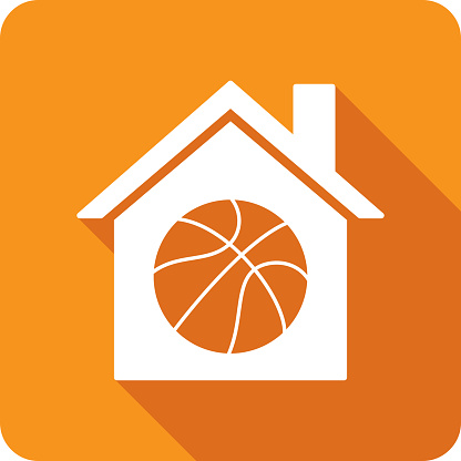 Vector illustration of a house with basketball icon against an orange background in flat style.
