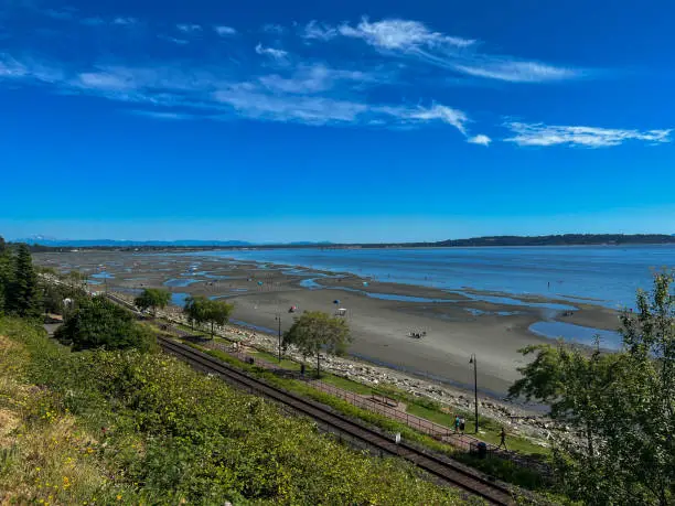 White Rock, British-Columbia, Canada, view on the railroad track, beach, ocean, and blue sky, summer day