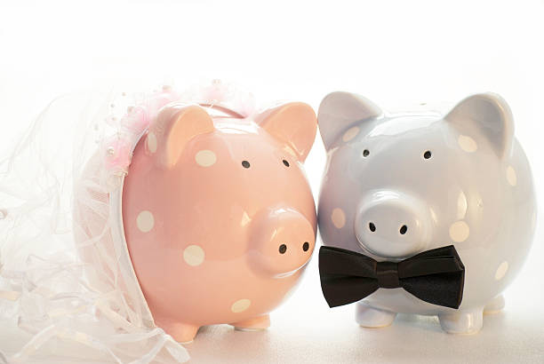 Pink and blue pig ornaments dressed like bride and groom stock photo