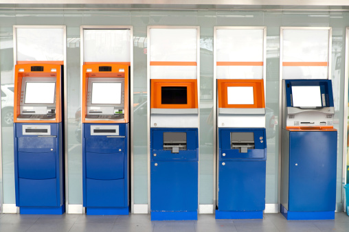 Colorful of atm machines row on public street