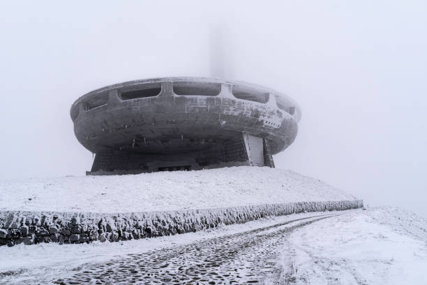 UFO abstract monument in nature. copy space