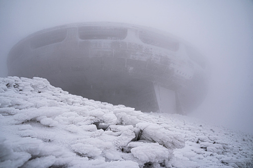 Winter landscape of flying saucer monument, Buzludzha peak.