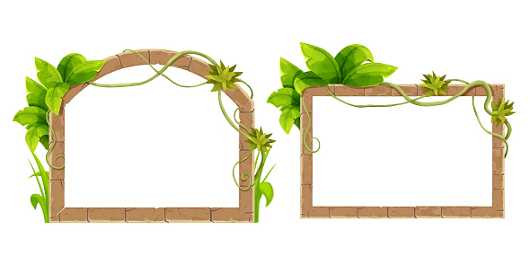 Set Stone brick arch frame border jungle decorated with liana, tropical leaves and grass ancient medieval in cartoon style, isolated on white background. Game decoration, menu. Vector illustration