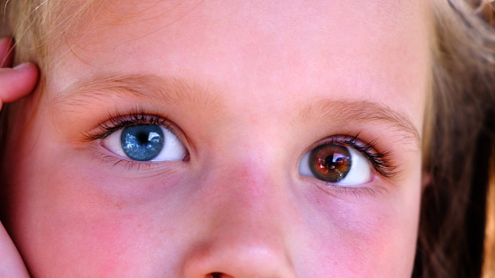 Macro shot capturing a young child's green eyes and freckles with stunning detail and clarity - Close-up of child's freckled face with expressive eyes