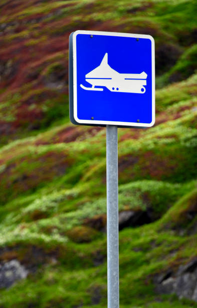 A warning sign in yellow and red is placed on the side of a snow-covered road, indicating a snowmobile crossing area in Sweden.