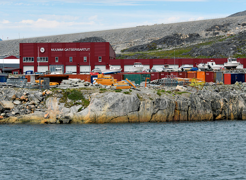Nuuk / Godthåb, Sermersooq, Greenland: Nuuk Fire Department (Nuummi Qatserisartut / Nuuk Brandvæsen), new fire station, completed in 2022, located on the waterfront on Borgmester Anniitap Aqquserna road, South Nuussuaq.