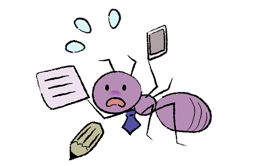 A salaried worker-style worker ant who is busy with various jobs