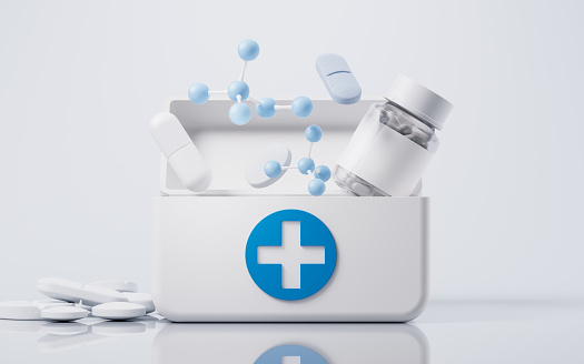 White health care medical box, 3d rendering. Digital drawing.