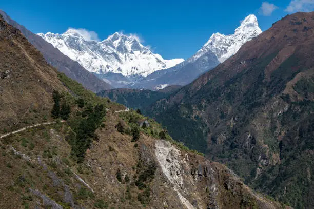 Photo of Beautiful view of Mt.Everest, Mt.Lhotse and Mt.Ama Dablam seen from the area nearly Namche Bazaar, Nepal.