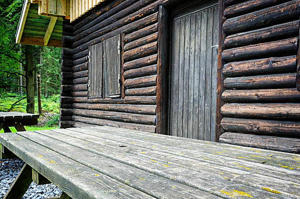 istock Wooden table for picnic next to forest cottage 158875604