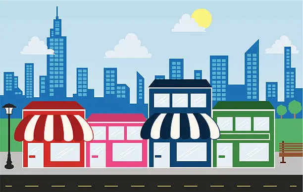 Vector illustration of Store Fronts and Skyline Buildings