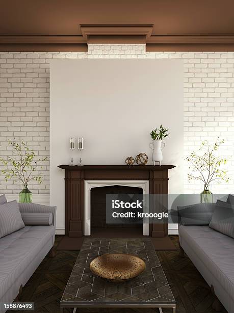 Fireplace And Sofas Stock Photo - Download Image Now - Brick, Fireplace, Living Room