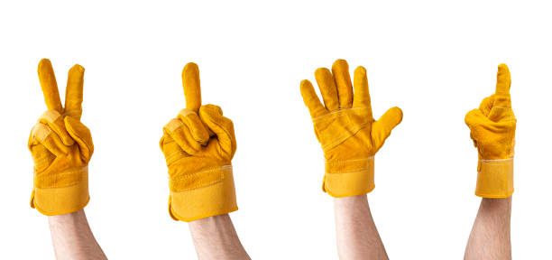 Set of Worker hands with safety glove, isolated on white