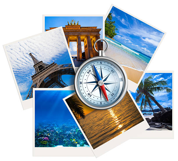 istock Traveling photos collage with compass on white background 158883405