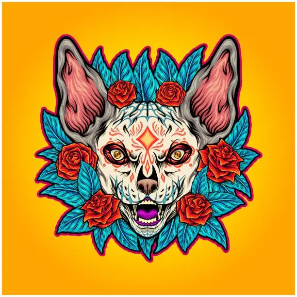 Vector illustration of Muerte sphynx cat floral ornament