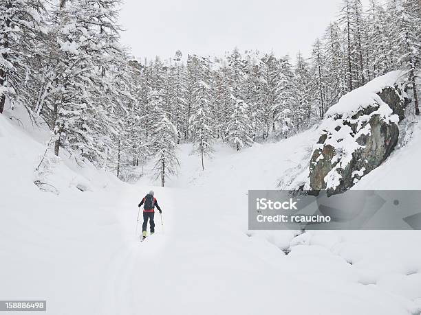 Backcountry Skier Walks In A Snowy Mountain Valley Stock Photo - Download Image Now - Gressoney, Ski, Skiing