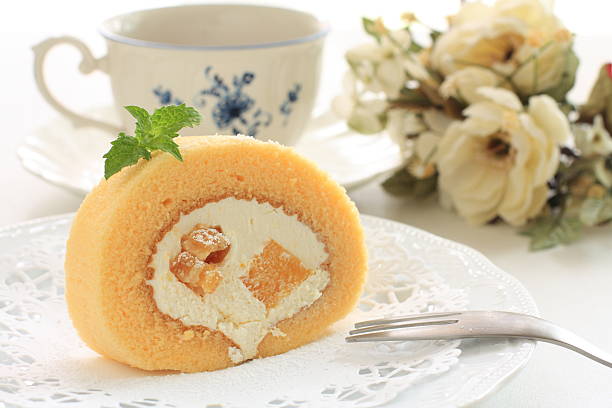 istock Home bakery walnut and peach swiss roll cake 158888713