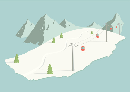 A hand drawn illustration of an alpine ski slope. The bubble lift, trees, set of tracks, and mountains are all on separate layers. This is an EPS 10 vector illustration with CMYK color space.