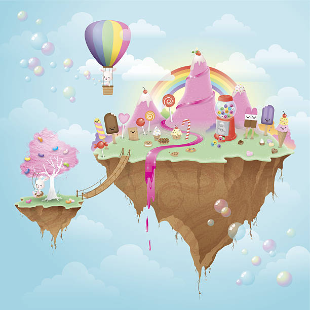 süße kawaii schwimmende candy island - dreams heaven cloud fairy tale stock-grafiken, -clipart, -cartoons und -symbole