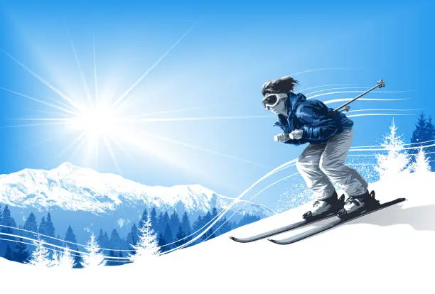 Vector illustration of Skier with sun and mountains