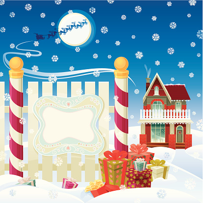 Santa Claus House and his presents. Christmas time. Vector.