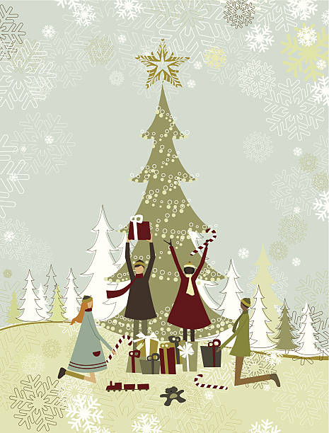 Children enjoying christmas gifts Multiethnic group of children enjoying gifts at the foot of a christmas tree. Note: grouped and layered file for easy edition. diverse family christmas stock illustrations