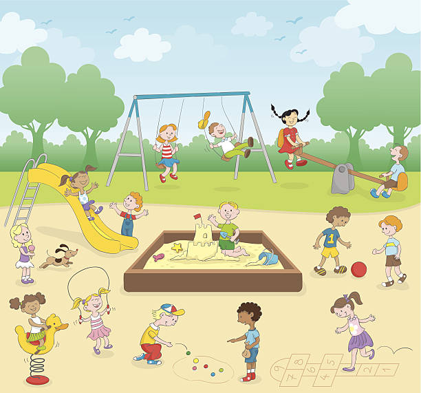 Kids at the playground A fun day at the playground. marble cartoons stock illustrations