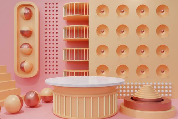 istock 3d background Glossy products display metalic podium scene with geometric platform. Green Orange Color Stage showcase on pedestal display studio. 1588896551