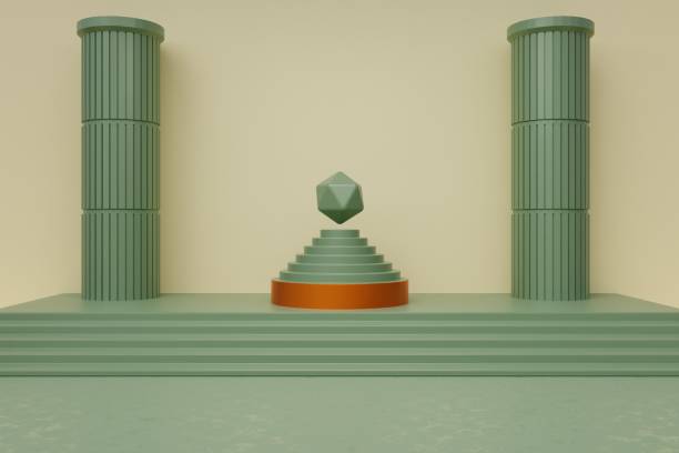 istock 3d background Glossy products display metalic podium scene with geometric platform. Green Orange Color Stage showcase on pedestal display studio. 1588897599