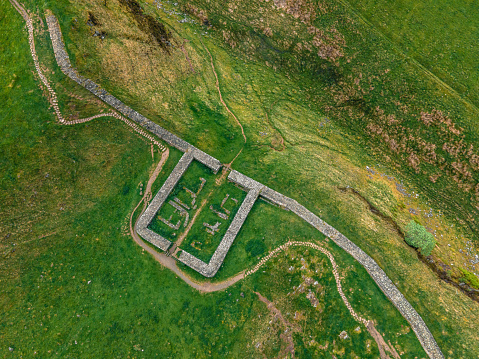 The aerial view of the Milecastle 39 of the Hadrian's Wall in the Northumberland National Park