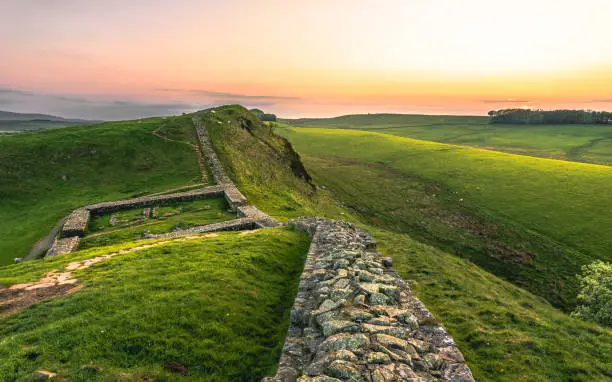 The view of the Milecastle 39 of the Hadrian's Wall in sunset hours