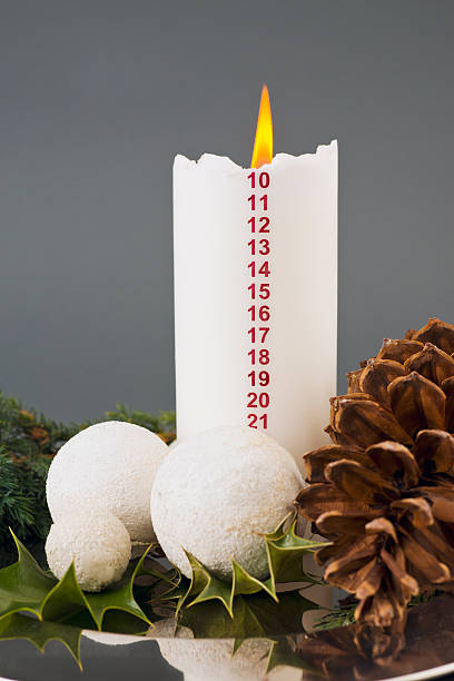 Two Weeks Before Christmas Eve Homemade Christmas decoration on a shiny plate. A Scandinavian tradition is to counting down the days before Christmas by lighting a candle every day in December until Christmas Eve. The last numbers are hided behind the 'snowballs'. hott stock pictures, royalty-free photos & images