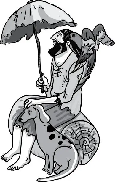Vector illustration of Robinson Crusoe sits on a tree stump on a deserted island with his dog and parrot. He has an umbrella in his hand.