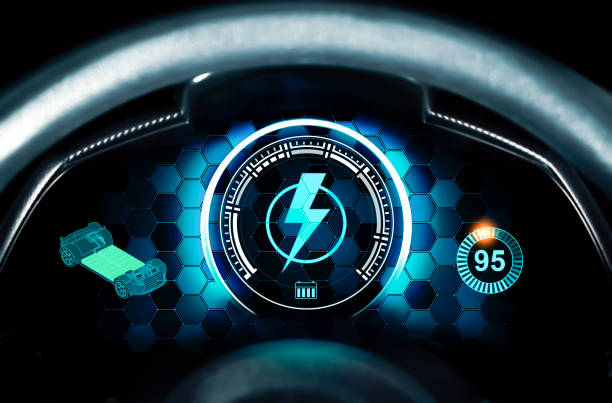 Battery charging light on instrument panel of EV electric vehicle, EV car technology concept.