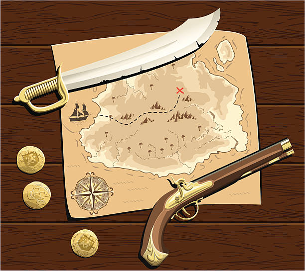 Pirates Treasure Map Pirates Treasure Map, Pistol and Saber. map treasure map old pirate stock illustrations