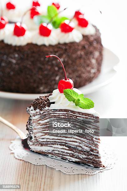 Piece Of Chocolate Crepe Cake Stock Photo - Download Image Now - Baked Pastry Item, Berry Fruit, Brown